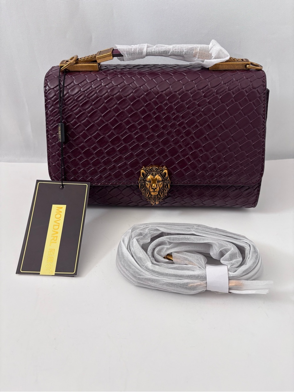 NWT MOVDARL Lion Head Crossbody Bag - Wine Red Snake Embossed Top Handle Purse